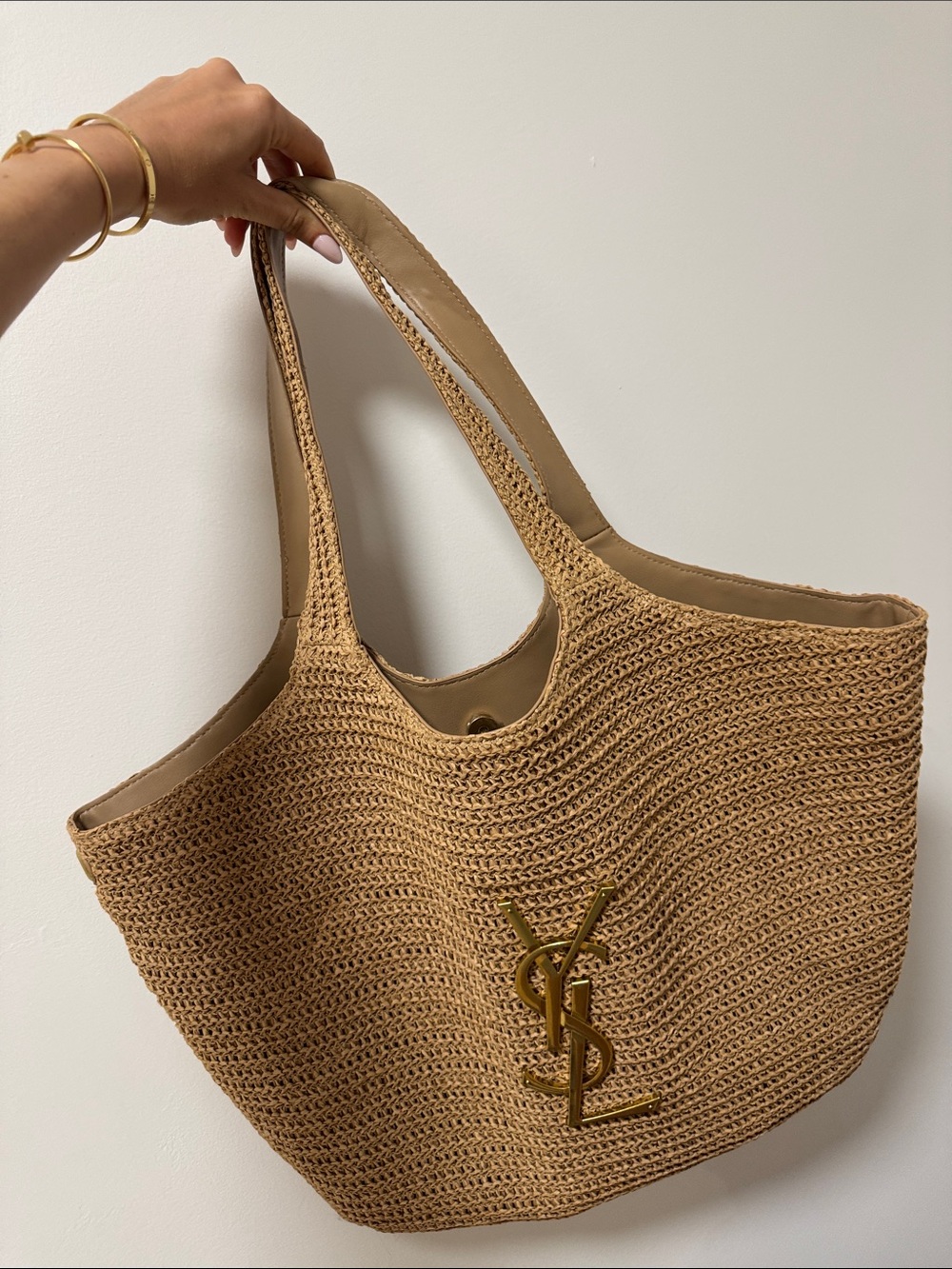 Saint Laurent Straw Tote with Gold Logo - Tan